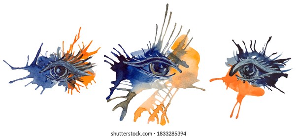 Eyes made of splash, fashion and beauty concept. Hand drawn watercolor painting isolated on white background, EPS 10 vector. Set of three. Aquarelle spots and white pen contour.