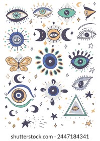 Eyes magic hand drawn on a white background set of cute pictures cartoon stars moon mysticism tarot astrology