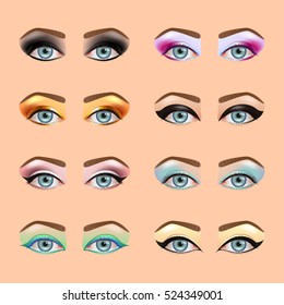 Eyes makeup icons detailed photo realistic vector set