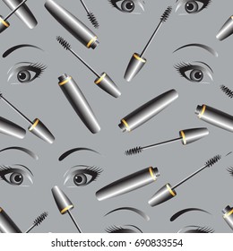 Eyes and mascara. Seamless pattern. Design for printing on fabrics or paper for decoration, gift wrapping.