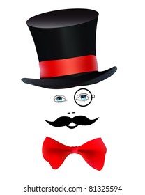 eyes with a monocle and mustache butterfly hat magician on a white background