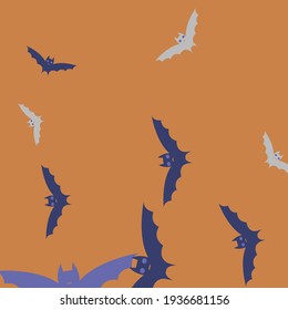 Eyes Motion Night Orange Background. Print Chaos Colorful Spooky Halloween Modern Design. Gothic Scary Creepy Sky Art Flying Bats Fabrics. Retro Purple Grey Attack Violet Bats Vector Illustration.