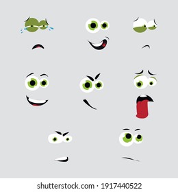 Eyes and mounth face, stick tongue out enjoy. Sad and confident, embarrassed and angry, facial cry and fury, upset and love. Vector illustration