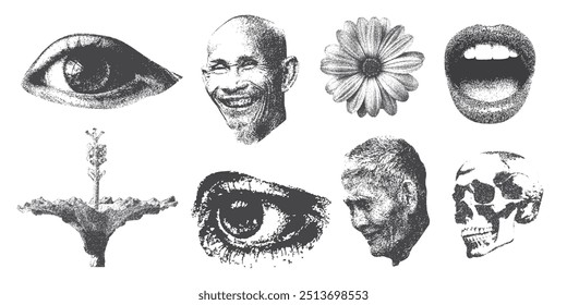 Eyes, mouth, hand, head, skull with halftone stipple effect, for grunge punk y2k collage design, with monochrome photocopy effect
