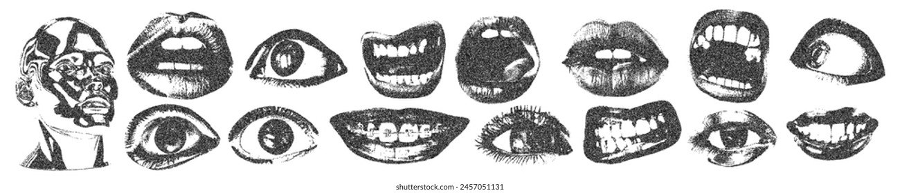 Eyes, mouth, head with halftone stipple effect, for grunge punk y2k collage design. Pop art style dotted crazy elements. Vector illustration for vintage emo gothic banner, music poster