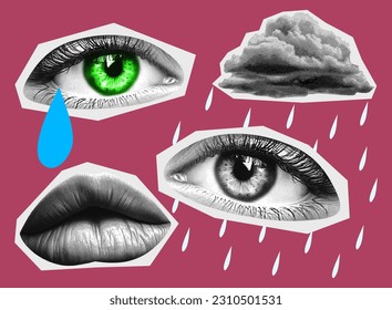 eyes mouth lips cloud collage elements for mixed media design in halftone texture vintage dotted rainy day set retro templates vector illustration