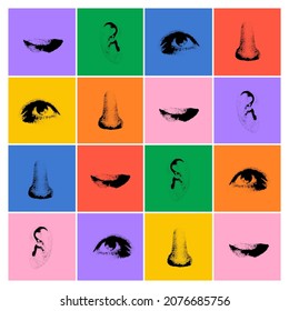 Eyes, mouth, nose, ear. Сolored squares with eyes, mouth, nose, ear. Vector abstract symbols with, useful for web, art design, hi-tech print, magazine front page, cover artwork. Parts of the head.