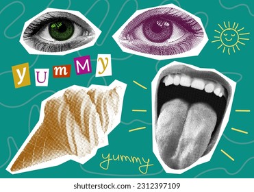 eyes mouth with tongue out licks ice cream summer concept templates collage elements for mixed media design in halftone dotted texture vintage set