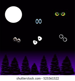 Eyes in the night on black - purple background with moon and trees. Vector Illustration