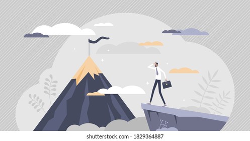 Eyes on goal saying visualization as focused concentration to business target tiny person concept. Straight direction to vision as efficiency and productivity progress expression vector illustration.