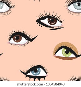 Ojos en un fondo blanco. Patrón sin foco. El ojo de la mujer. maquillaje de ojos. Gráficos. Ilustración vectorial aislada.