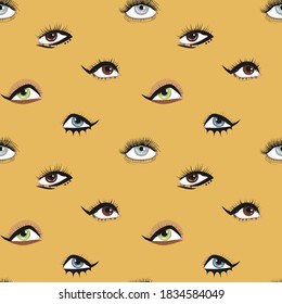 Eyes on a white background. Seamless pattern. Woman's eye. Eye makeup. Graphics. Isolated vector illustration.