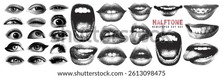Eyes, open mouth screaming and smiling woman lips with grunge punk y2k newspaper collage, halftone stipple effect and trendy retro monochrome photocopy grain texture. Torn comic business paper sticker