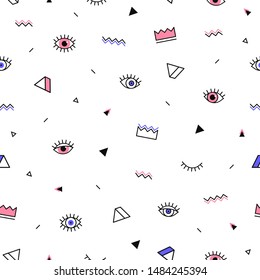 Eyes pattern with crown and geometric shapes in memphis style. Minimal design. Closed and open eyes. Triangle, zigzag and other graphic elements. Line art. Fashion background in 90s 80s.