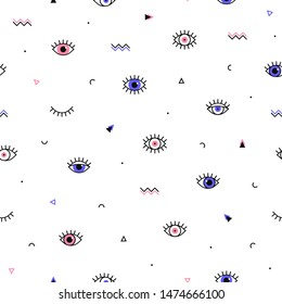 Eyes pattern with geometric shapes in memphis style. Minimal design. Closed and open violet and pink eyes. Triangle, zigzag and other graphic elements. Line art. Fashion background in 90s 80s.