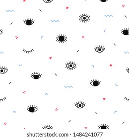 Eyes pattern with geometric shapes in memphis style. Minimal design. Closed and open eyes. Triangle, zigzag and other graphic elements. Line art. Fashion background in 90s 80s.