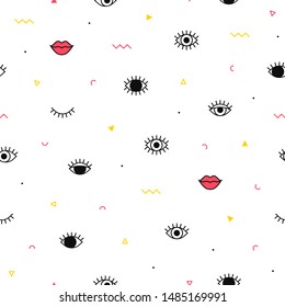 Eyes pattern with lips and geometric shapes in memphis style. Fashion background in 80s. Minimal design. Closed and open eyes. Triangle, zigzag. Line art.