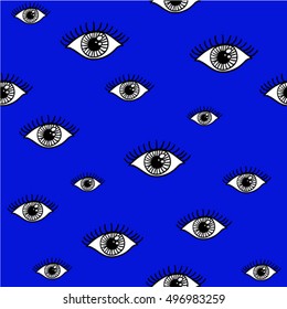 Eyes pattern,open eyes on electric blue background in vector.