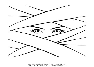 Eyes peeking through bandages Single graphic line