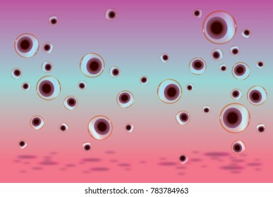 Eyes with pink iris and brown pupil. Human health illustration. Closeup human eye drawing. Eyeballs on pink and teal background. 