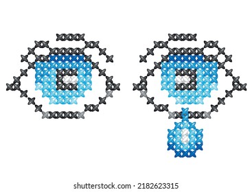 Eyes pixel cross-stitch embroidery art. Game over. Eye with teardrop symbol, logo fancywork. Lined, ruled eye black silhouette. Dotted pop art illustration. Crying eyes icon . Pixel art logo vector