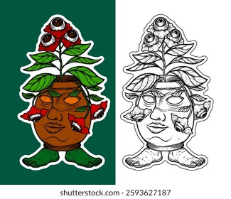 Eyes Plant in a Face Pot Cartoon Sticker Illustration