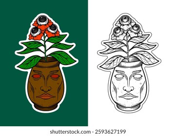 Eyes Plant in a Face Pot Cartoon Sticker Illustration