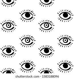 The Eyes. Pop arty black and white seamless pattern. Open, closed human eyes, stylized simple linear vector. Trendy hand drawn graffiti style. Cool icons, bold hip decor, arty wrapping paper wallpaper