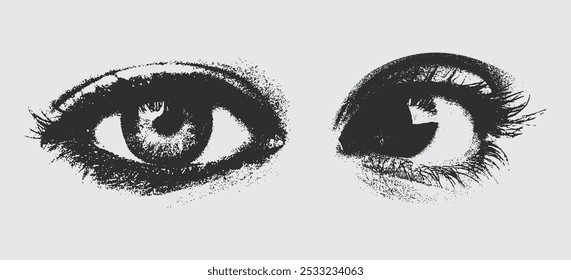 Olhos em grito para grunge punk y2k colagem design, com um efeito de meio-tom pontilhado, ilustração vetor em vintage photocopy estilo para música gótico surreal cartaz ou banner
