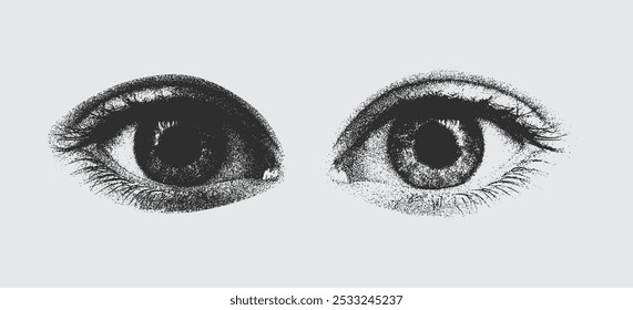 Olhos em grito para grunge punk y2k colagem design, com um efeito de meio-tom pontilhado, ilustração vetor em vintage photocopy estilo para música gótico surreal cartaz ou banner
