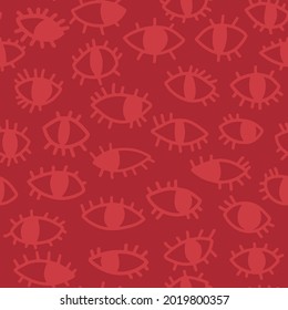 Eyes seamless drawing. Boho style eyes, hand-drawn on red background. Mystic graphic style. Bohemian art. Abstract hippie style. Vector background on the theme of magic. 