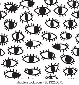 Eyes seamless drawing. Mystical boho style eyes, hand-drawn. Vector background with eyes. Mystic graphic style. Bohemian art. Abstract hippie style.
