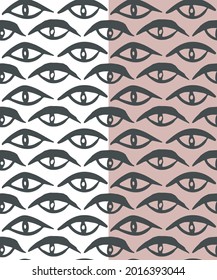 Eyes seamless pattern, black ink brush stroke. Free hand painted doodle modern style, abstract graphic illustration. White or pink easy editable color background. Vector