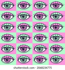 Eyes seamless pattern in bright colors and mystic vibe, modern hipster cartoon style. Hand drawn vector doodle background for trendy textile fabric design, gift wrapping paper, decorative print, cover