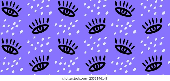 Patrón transparente de ojos, ojos de tinta dibujados a mano sobre fondo azul, impresión para tela y papel.