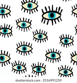 Eyes seamless pattern with hand drawn art isolated abstract eye background elements in blue, yellow and black colors