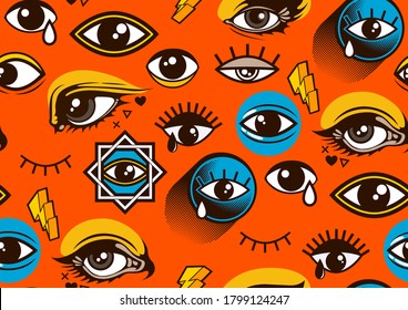 Eyes Seamless pattern, Minimal geometric background for for fashion clothes and Comic style, vector illustration.