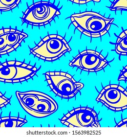 Eyes, seamless pattern over colorful dotted retro 80s, 90s abstract background. Vintage psychedelic textile, fabric, wrapping, wallpaper. Vector illustration. Astrology, religion. Conspiracy theory