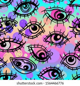 Eyes, seamless pattern over colorful dotted retro 80s, 90s abstract background. Vintage psychedelic textile, fabric, wrapping, wallpaper. Vector illustration. Astrology, religion. Conspiracy theory