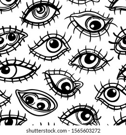 Eyes, seamless pattern over colorful dotted retro 80s, 90s abstract background. Vintage psychedelic textile, fabric, wrapping, wallpaper. Vector illustration. Astrology, religion. Conspiracy theory