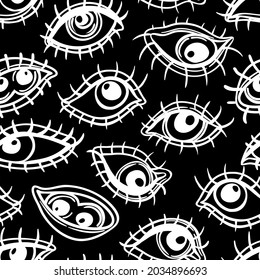 Eyes, seamless pattern over colorful dotted retro 80s, 90s abstract background. Vintage psychedelic textile, fabric, wrapping, wallpaper. Vector illustration. Astrology, religion. Conspiracy theory