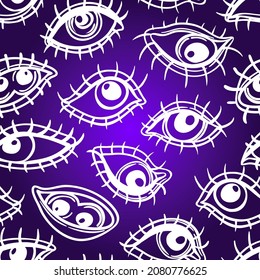 Eyes, seamless pattern over colorful dotted retro 80s, 90s abstract background. Vintage psychedelic textile, fabric, wrapping, wallpaper. Vector illustration. Astrology, religion. Conspiracy theory