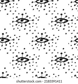 Eyes, seamless pattern over colorful dotted retro 80s, 90s abstract background. Vintage psychedelic textile, fabric, wrapping, wallpaper. Vector illustration. Astrology, religion. Conspiracy theory