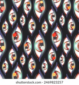 Eyes, seamless pattern over colorful dotted retro 80s, 90s abstract background. Vintage psychedelic textile, fabric, wrapping, wallpaper. Vector illustratio