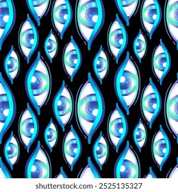 Ojos, patrón sin fisuras sobre fondo abstracto de colores punteados retro de los años 80, 90. Tejido psicodélico Antiguas, tela, envoltura, Fondo de pantalla. Ilustración vectorial