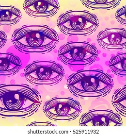 Eyes, seamless pattern over colorful retro 80s, 90s abstract background. Vintage psychedelic textile, fabric, wrapping, wallpaper. Vector illustration. Astrology, religion. Conspiracy theory