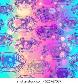 Eyes, seamless pattern over colorful retro 80s, 90s abstract background. Vintage psychedelic textile, fabric, wrapping, wallpaper. Vector illustration. Astrology, religion. Conspiracy theory