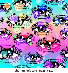Eyes, seamless pattern over colorful dotted retro 80s, 90s abstract background. Vintage psychedelic textile, fabric, wrapping, wallpaper. Vector illustration. Astrology, religion. Conspiracy theory