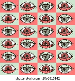 Eyes seamless pattern in retro colors and mystic vibe, modern hipster cartoon style. Hand drawn vector doodle background for trendy textile fabric design, gift wrapping paper, decorative print, covers