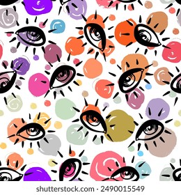Eyes, seamless pattern in vintage psychedelic style. Ethnic background for textiles, fabric design, scrapbook, wrapping paper, wallpaper. Vector illustration. Astrology, religion. Conspiracy theory. 